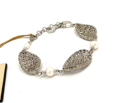 Bracciale Ungari Bronzo Donna Argentato Ovali Floreali e Perle Alternate LE FATE _BR011
