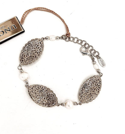 Bracciale Ungari Bronzo Donna Argentato Ovali Floreali e Perle Alternate LE FATE _BR011