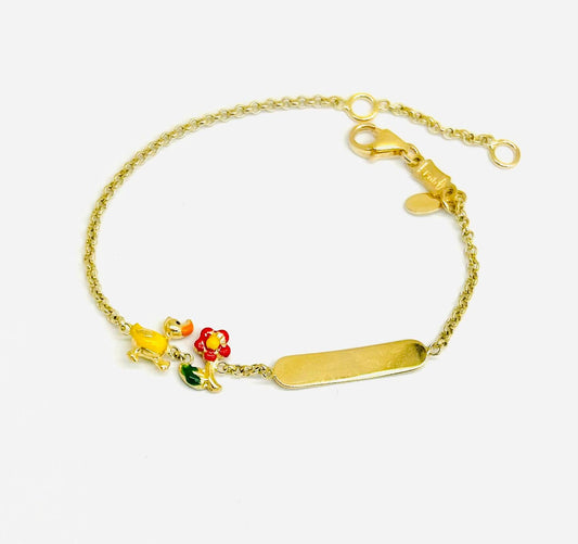 Bracciale Bambini Oro Giallo 18 KT Medaglietta Fiore e Paperella Smaltati _BR051