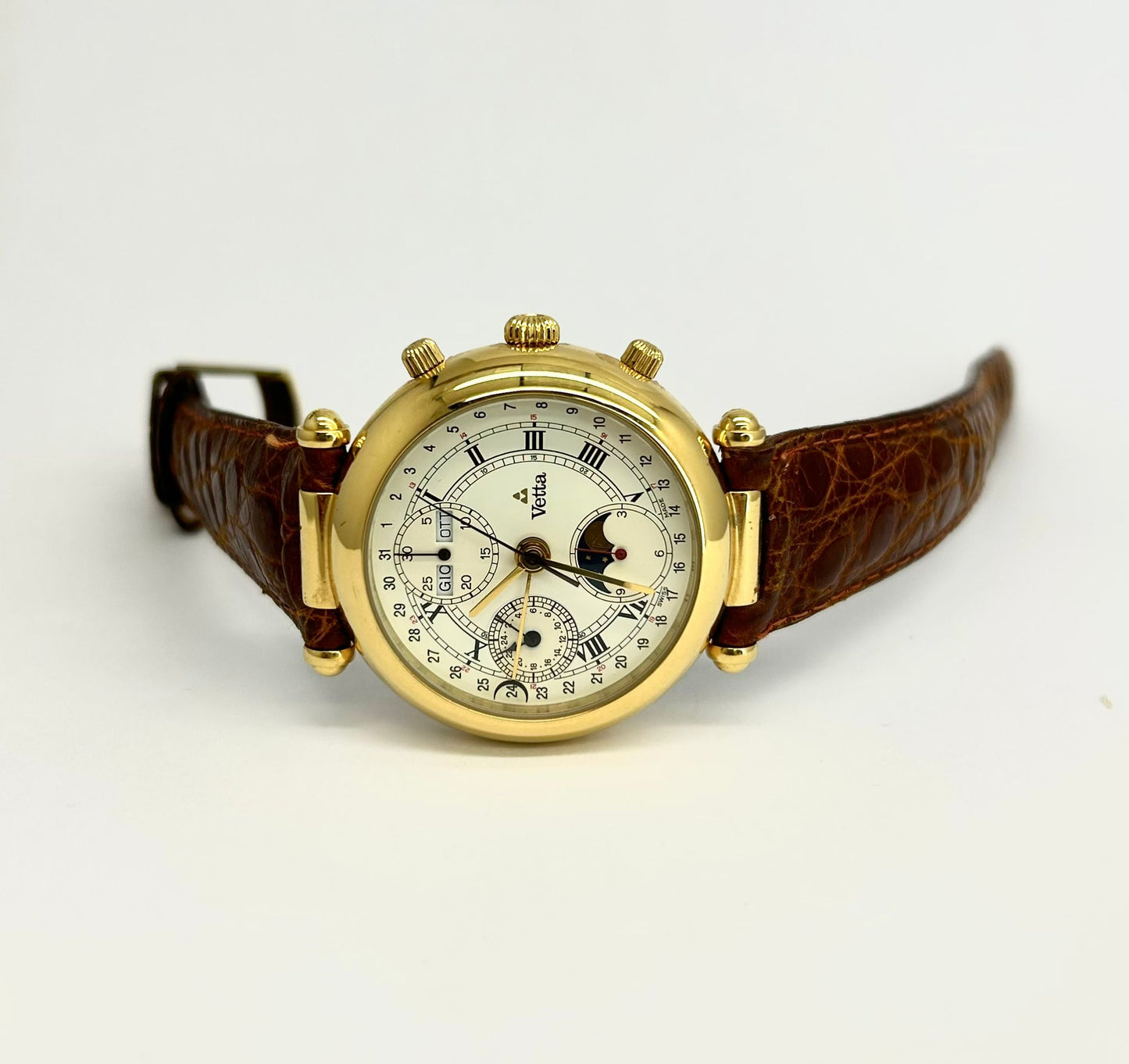 Orologio Vetta Uomo Acciaio Automatico Cronografo Fasi Lunari Cinturino Pelle Marrone Cassa Oro _ETA7751