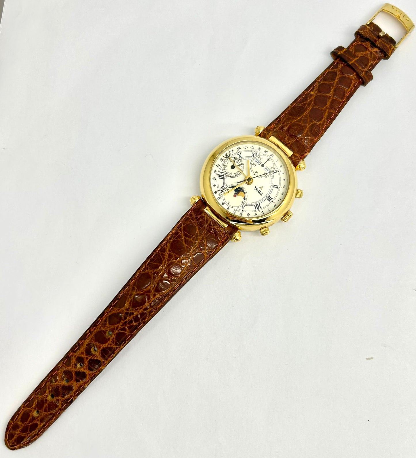 Orologio Vetta Uomo Acciaio Automatico Cronografo Fasi Lunari Cinturino Pelle Marrone Cassa Oro _ETA7751