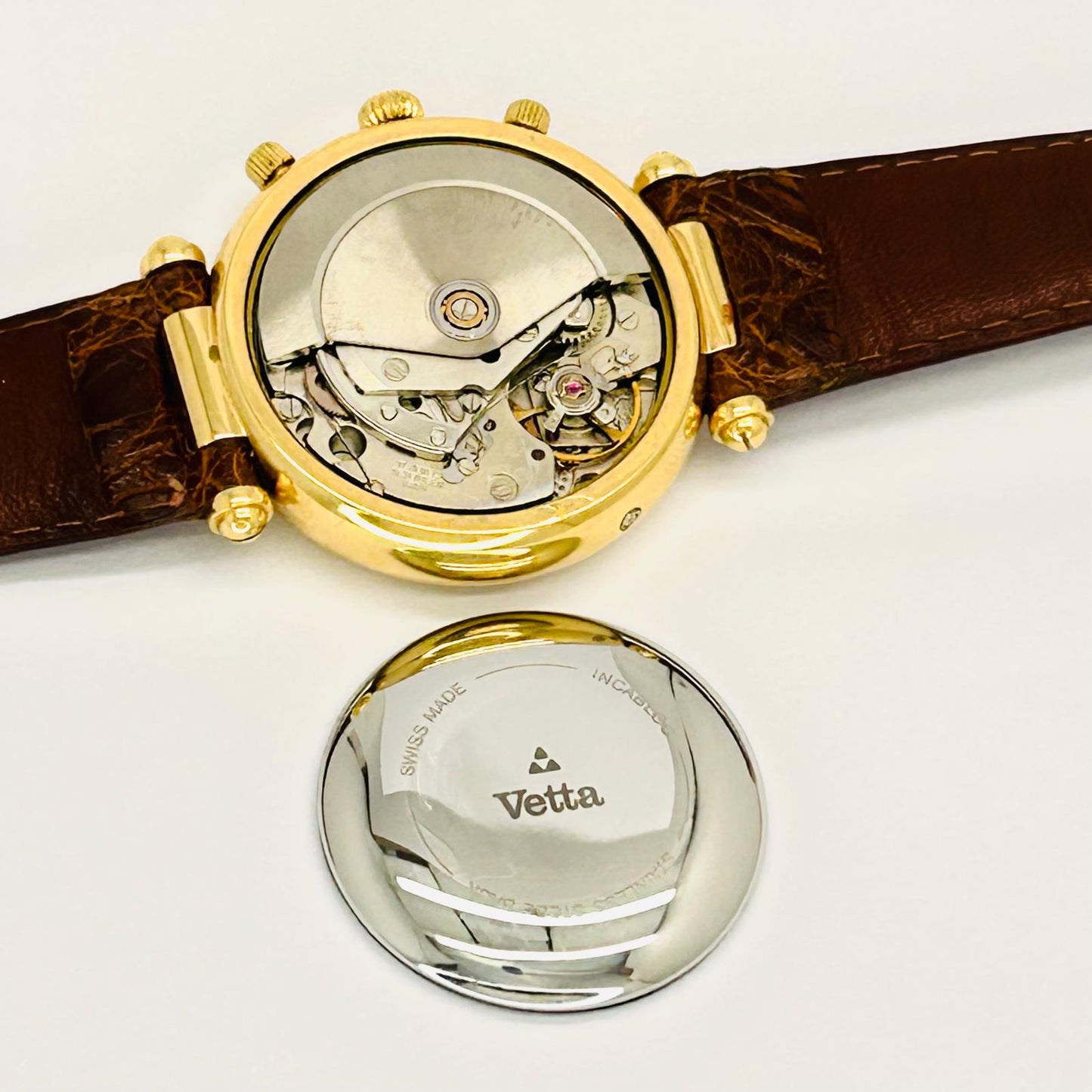 Orologio Vetta Uomo Acciaio Automatico Cronografo Fasi Lunari Cinturino Pelle Marrone Cassa Oro _ETA7751