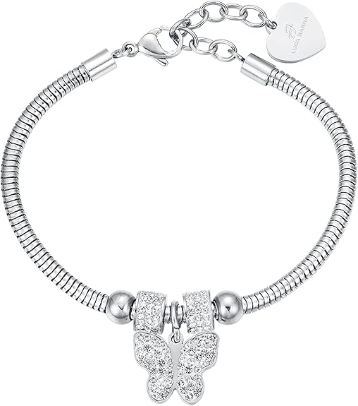 Bracciale Luca Barra Donna Acciaio Argentata Ciondolo Farfalla Cristalli _BK1936