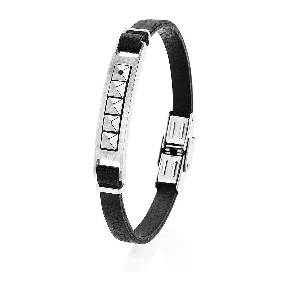 Boccadamo Herrenarmband aus schwarzem Leder mit Stahleinsätzen _ABR172