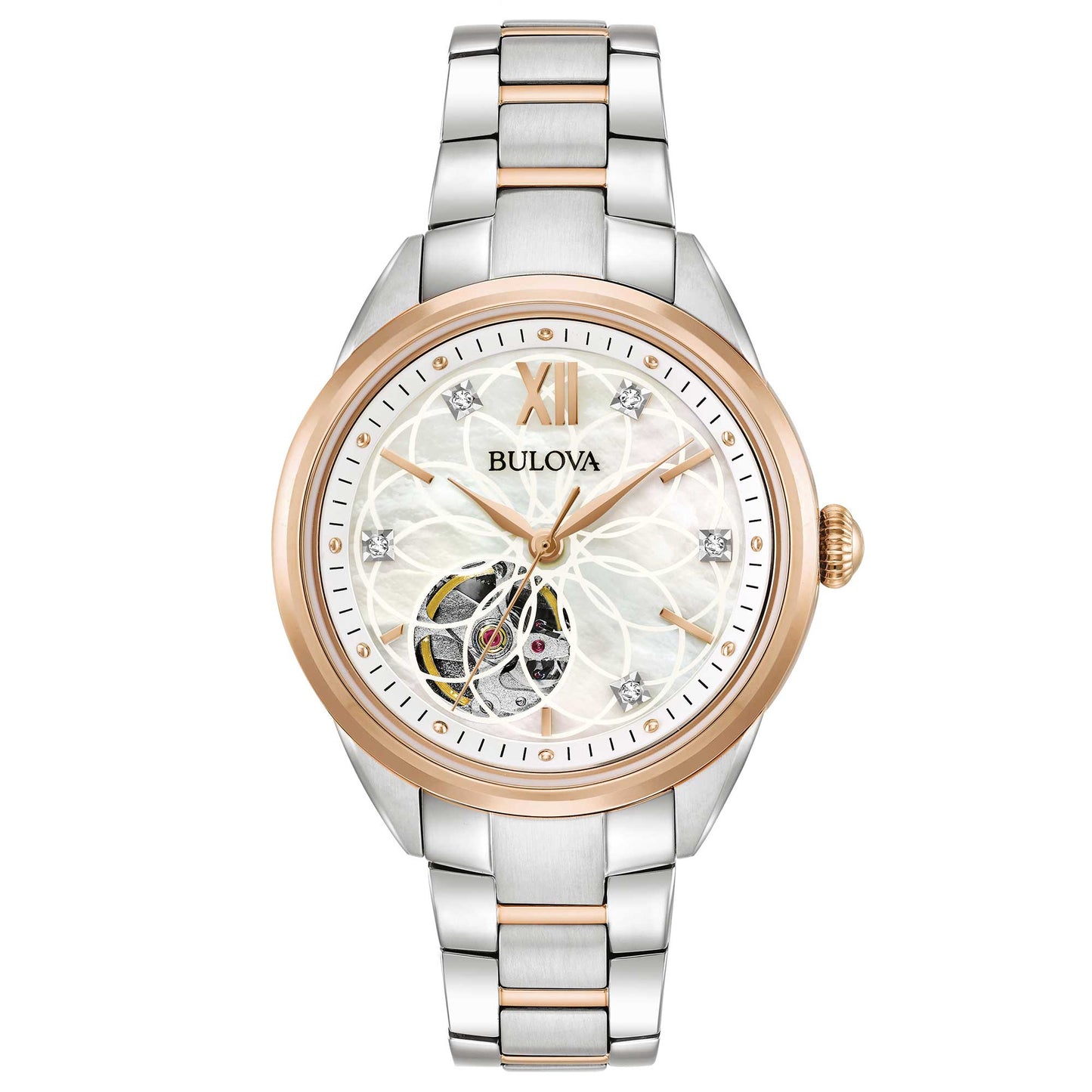 Bulova Damenuhr in Roségold, Silber, Perlmutt-Zifferblatt, Kristalle 98R281 