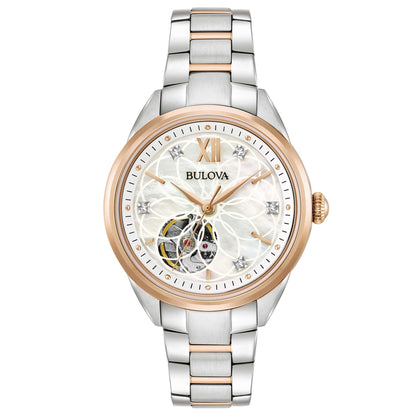 Bulova Damenuhr in Roségold, Silber, Perlmutt-Zifferblatt, Kristalle 98R281 