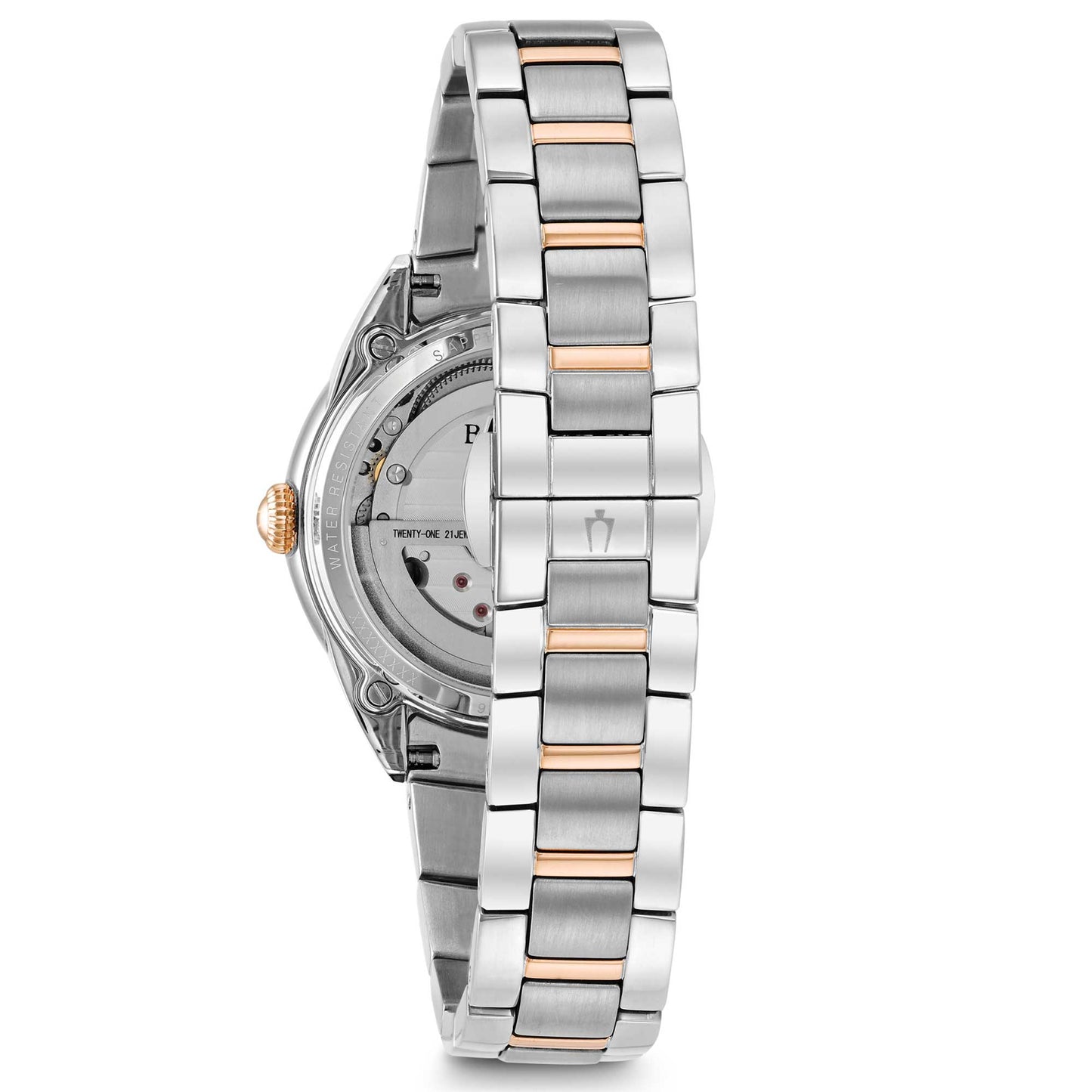 Bulova Damenuhr in Roségold, Silber, Perlmutt-Zifferblatt, Kristalle 98R281 