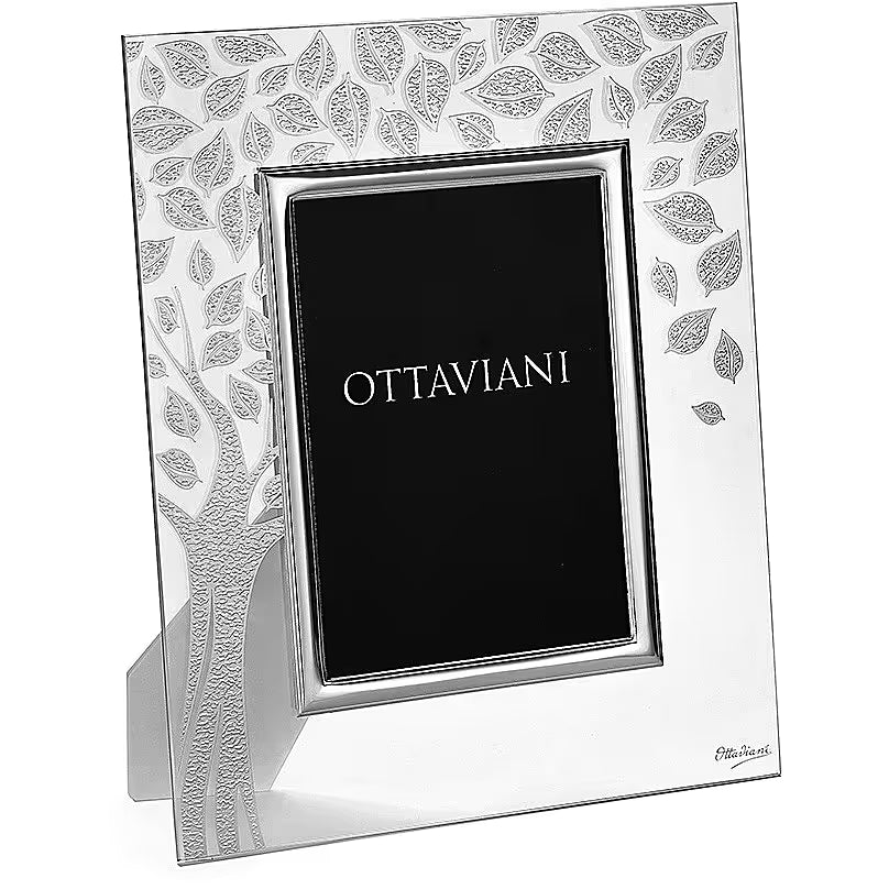 Ottaviani Portafoto In Cristallo Soffiato Foglie Silver e Legno Bianco _60001C