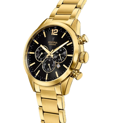 Orologio Festina Uomo Acciaio Timeless Chronograph Gold Quadrante Nero _F20633-3