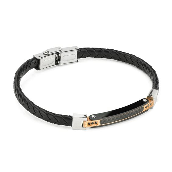 Bracciale Boccadamo Uomo Ecopelle Nero Intrecciato Zirconi Neri _ABR769